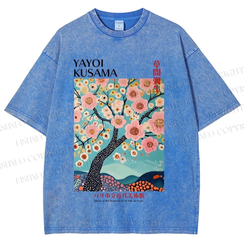 Unisex Yayoi Kusama Cherry Blossom Tree Printed Washed Tee