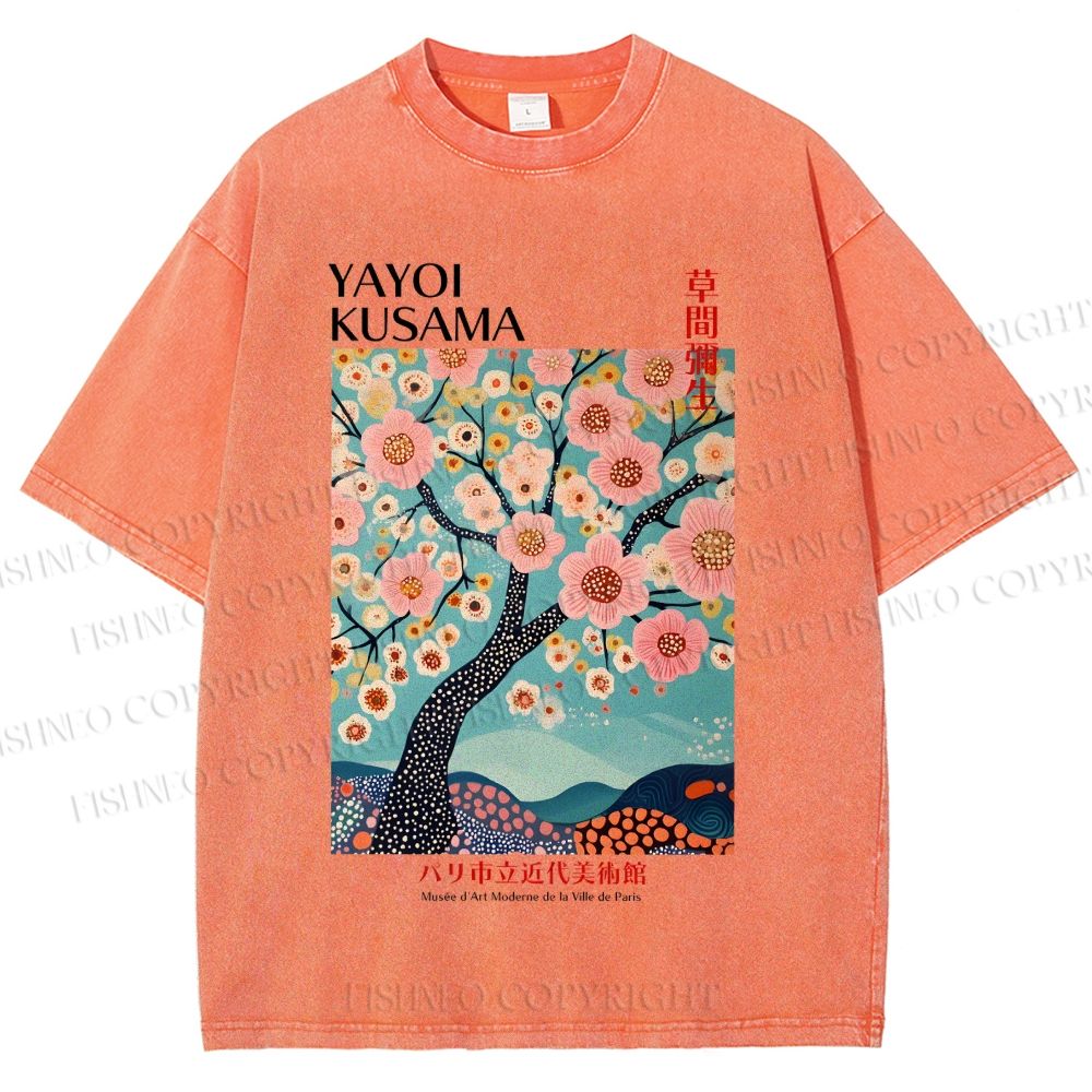 Unisex Yayoi Kusama Cherry Blossom Tree Printed Washed Tee