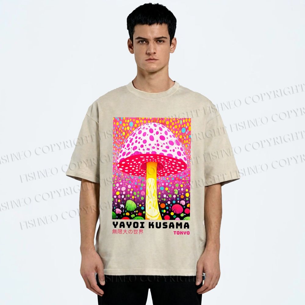 Unisex Yayoi Kusama Colorful Polka\ Dot Mushrooms Printed Washed Tee