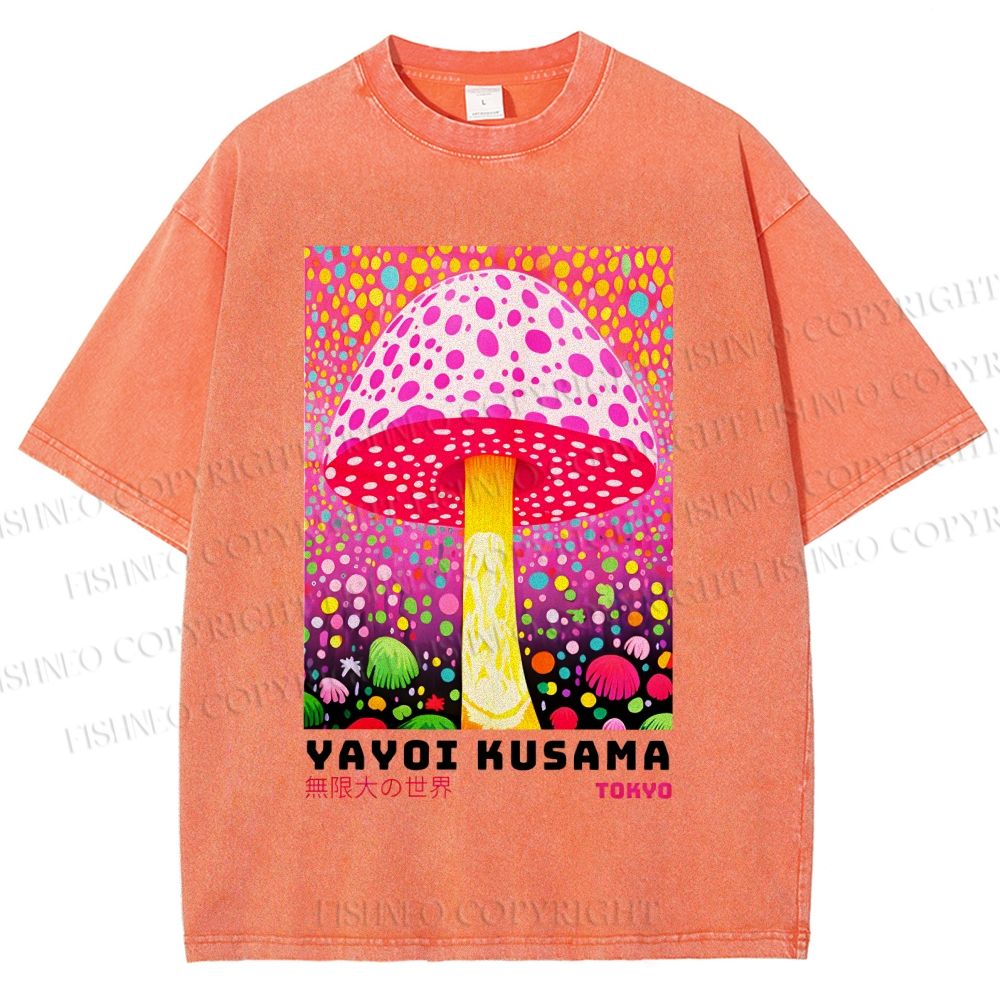 Unisex Yayoi Kusama Colorful Polka\ Dot Mushrooms Printed Washed Tee