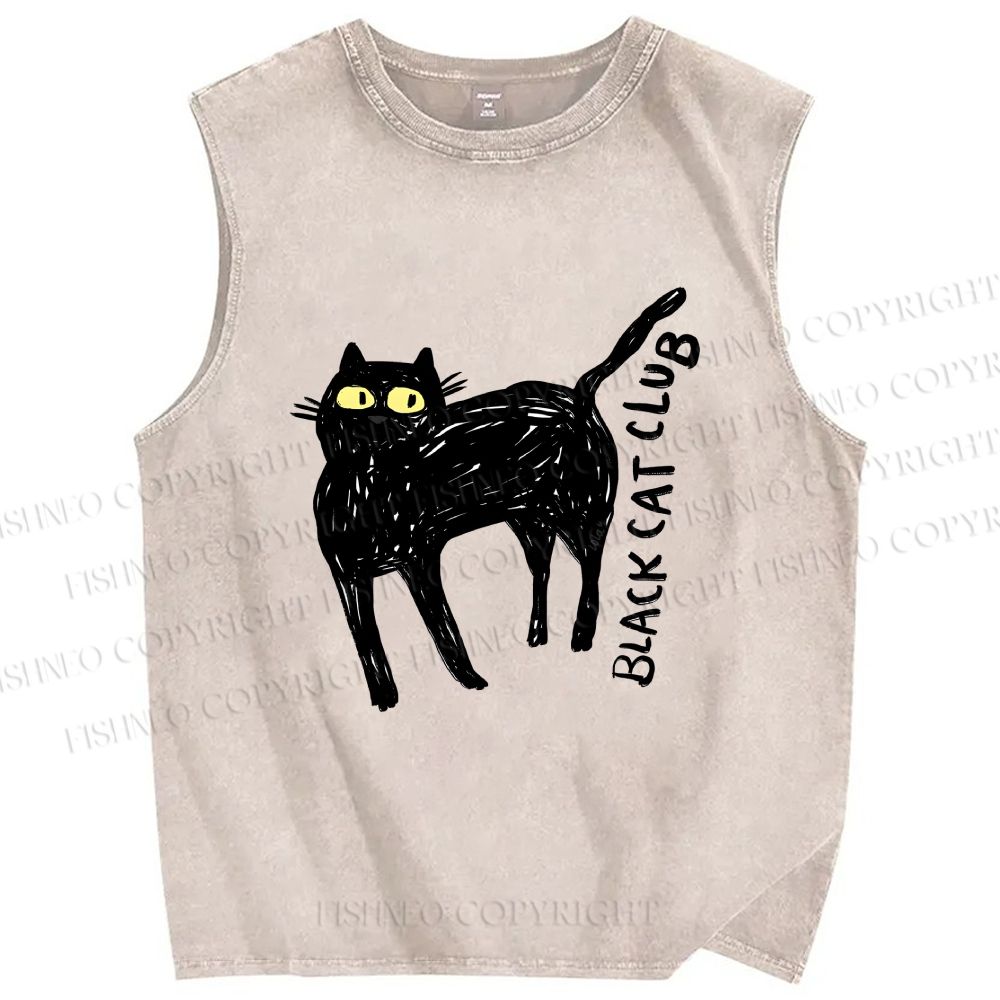 Unisex Black Cat Club Printed Washed Tank Top