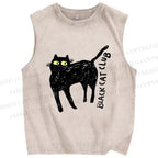 Unisex Black Cat Club Printed Washed Tank Top