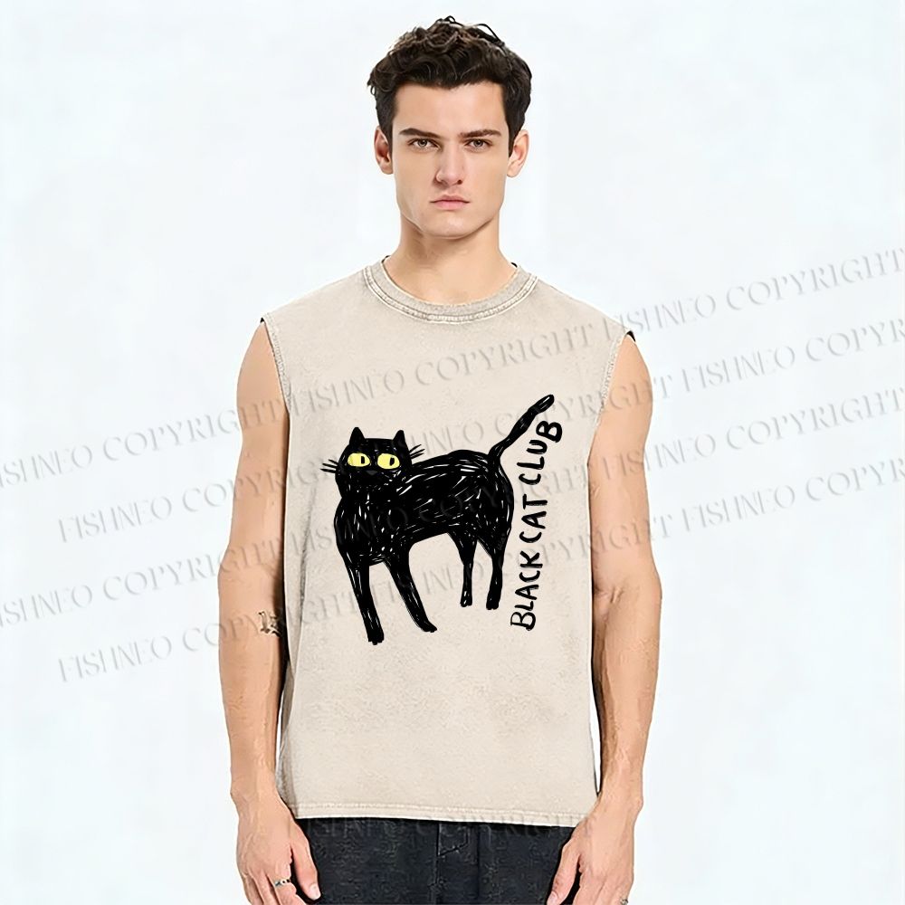 Unisex Black Cat Club Printed Washed Tank Top