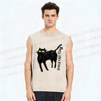Unisex Black Cat Club Printed Washed Tank Top