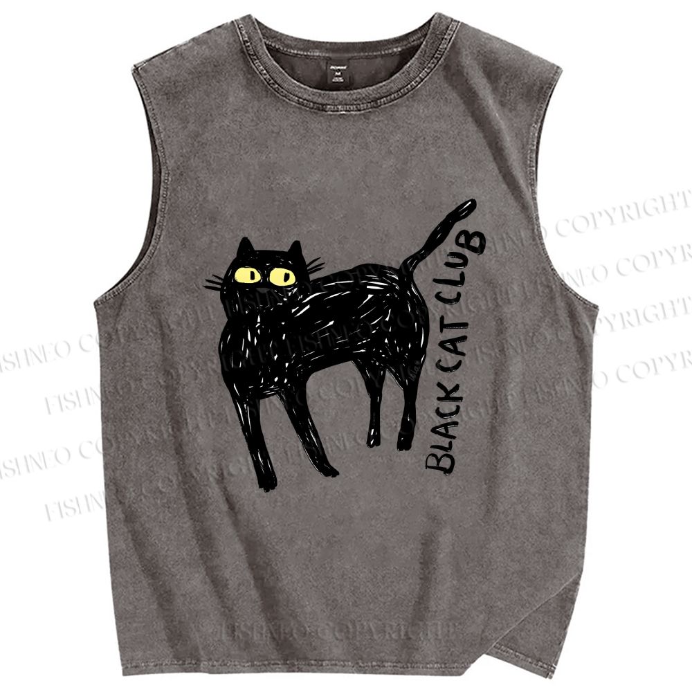 Unisex Black Cat Club Printed Washed Tank Top