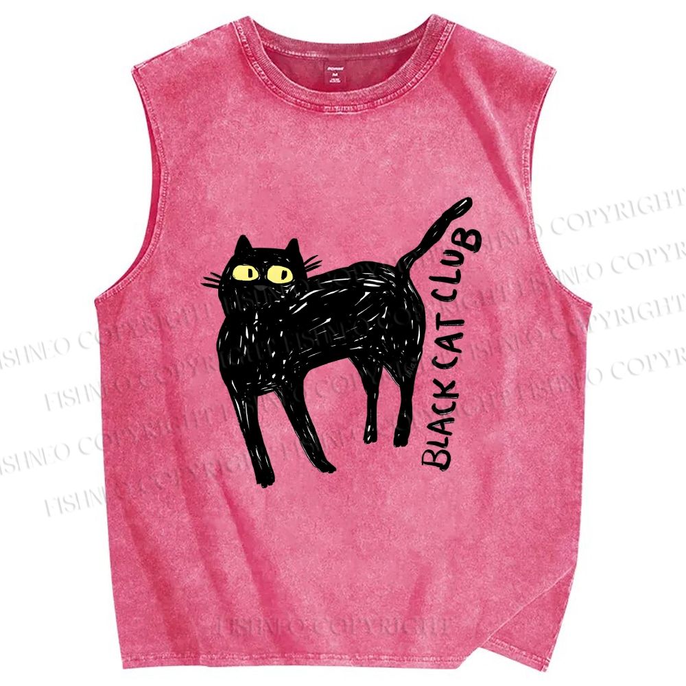 Unisex Black Cat Club Printed Washed Tank Top