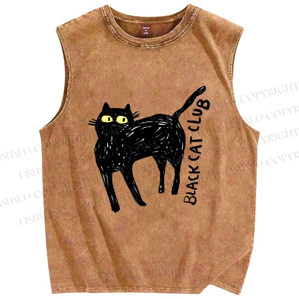 Unisex Black Cat Club Printed Washed Tank Top