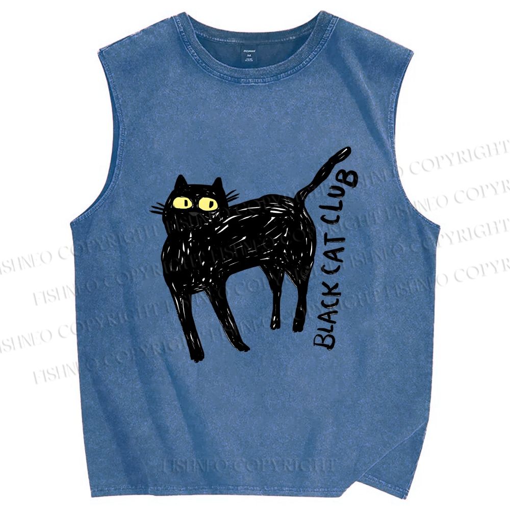 Unisex Black Cat Club Printed Washed Tank Top
