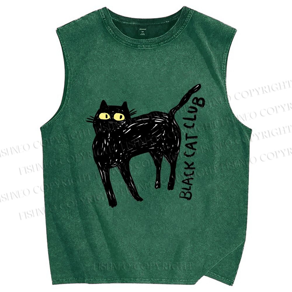 Unisex Black Cat Club Printed Washed Tank Top