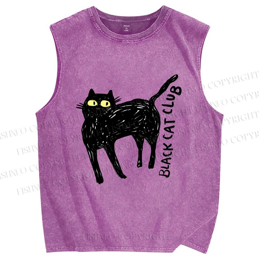 Unisex Black Cat Club Printed Washed Tank Top