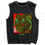 Unisex Green Tiger Printed Washed Tank Top