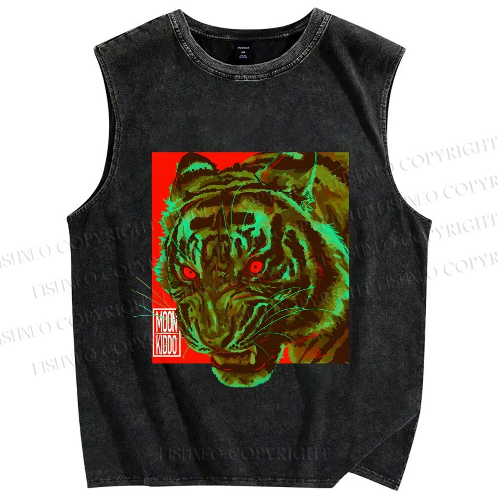 Unisex Green Tiger Printed Washed Tank Top
