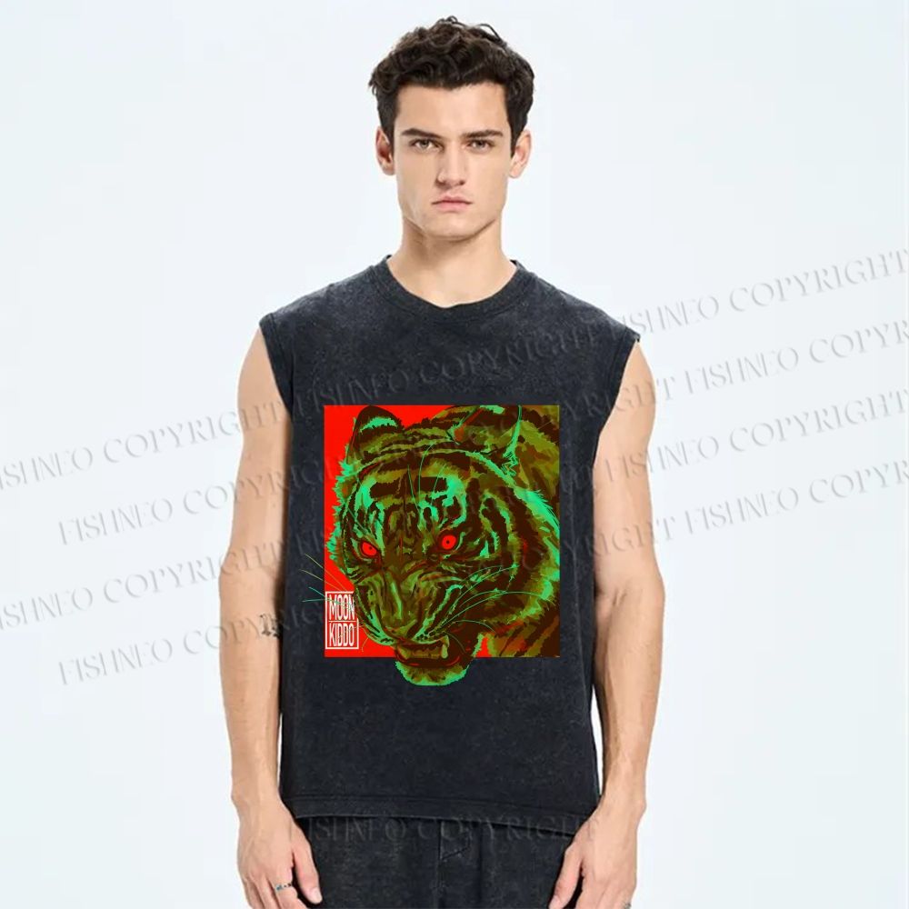 Unisex Green Tiger Printed Washed Tank Top
