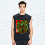 Unisex Green Tiger Printed Washed Tank Top