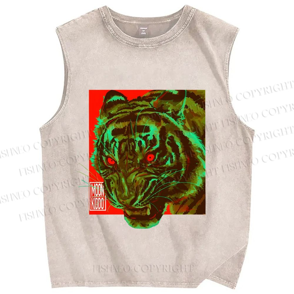 Unisex Green Tiger Printed Washed Tank Top