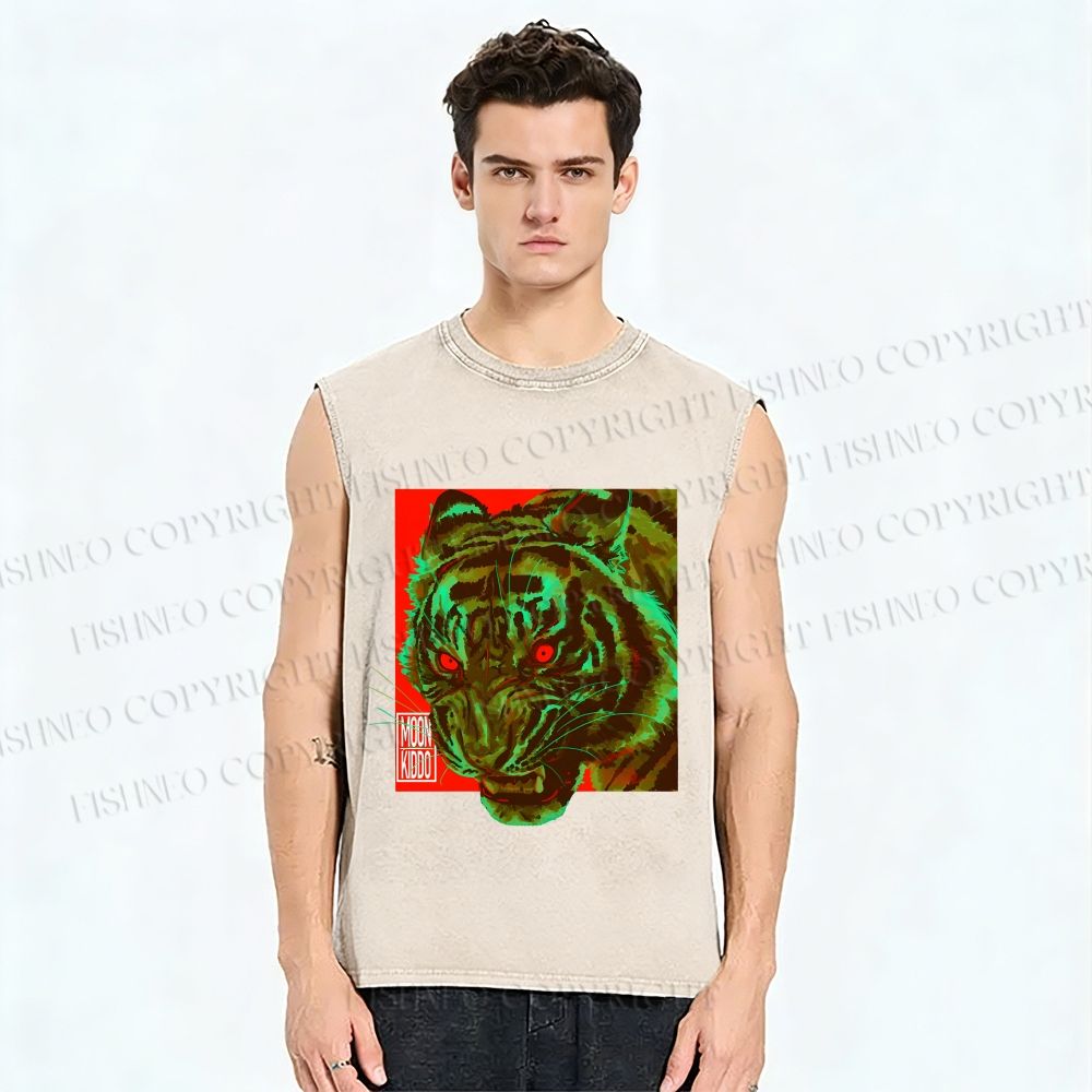 Unisex Green Tiger Printed Washed Tank Top