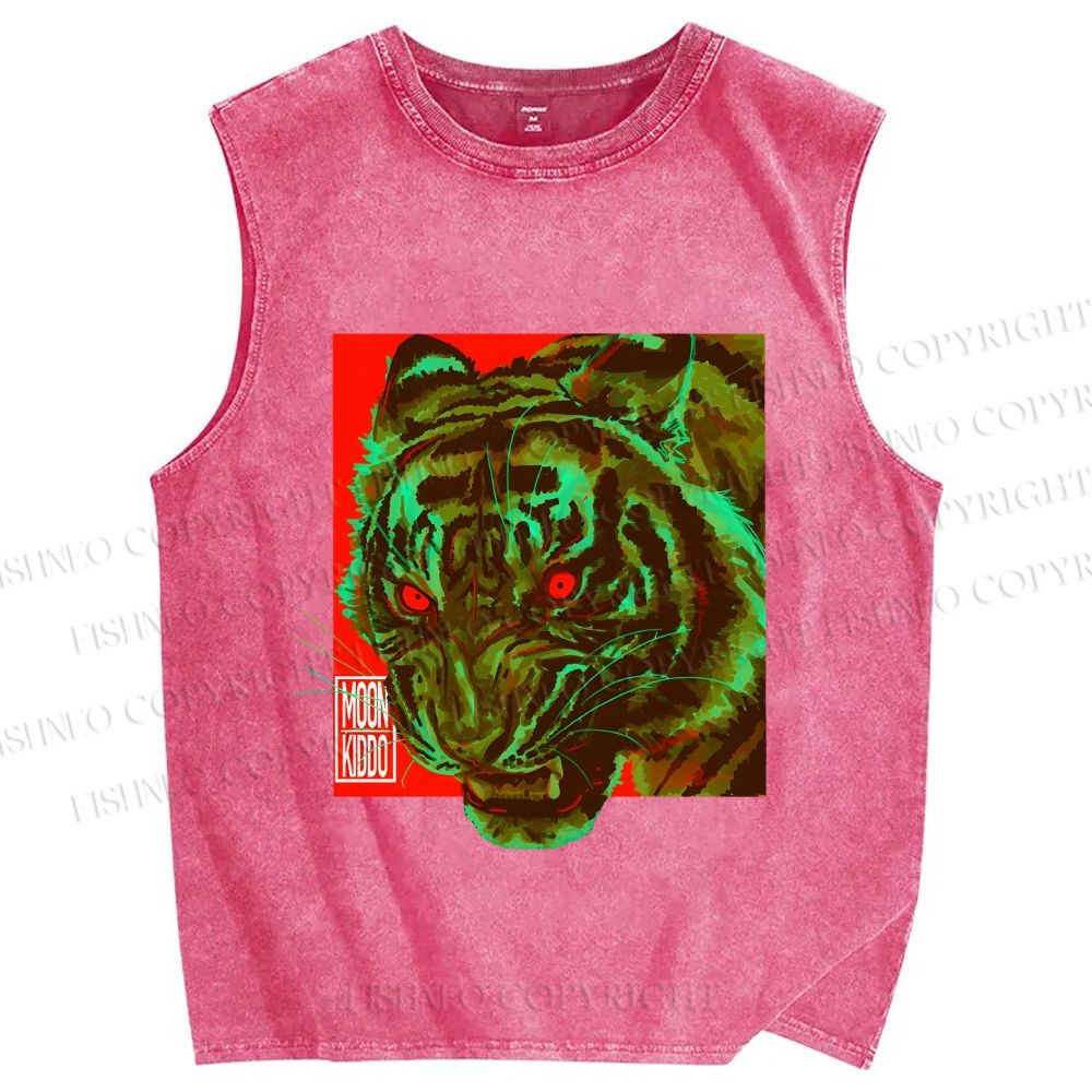 Unisex Green Tiger Printed Washed Tank Top