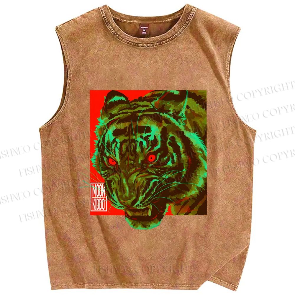 Unisex Green Tiger Printed Washed Tank Top