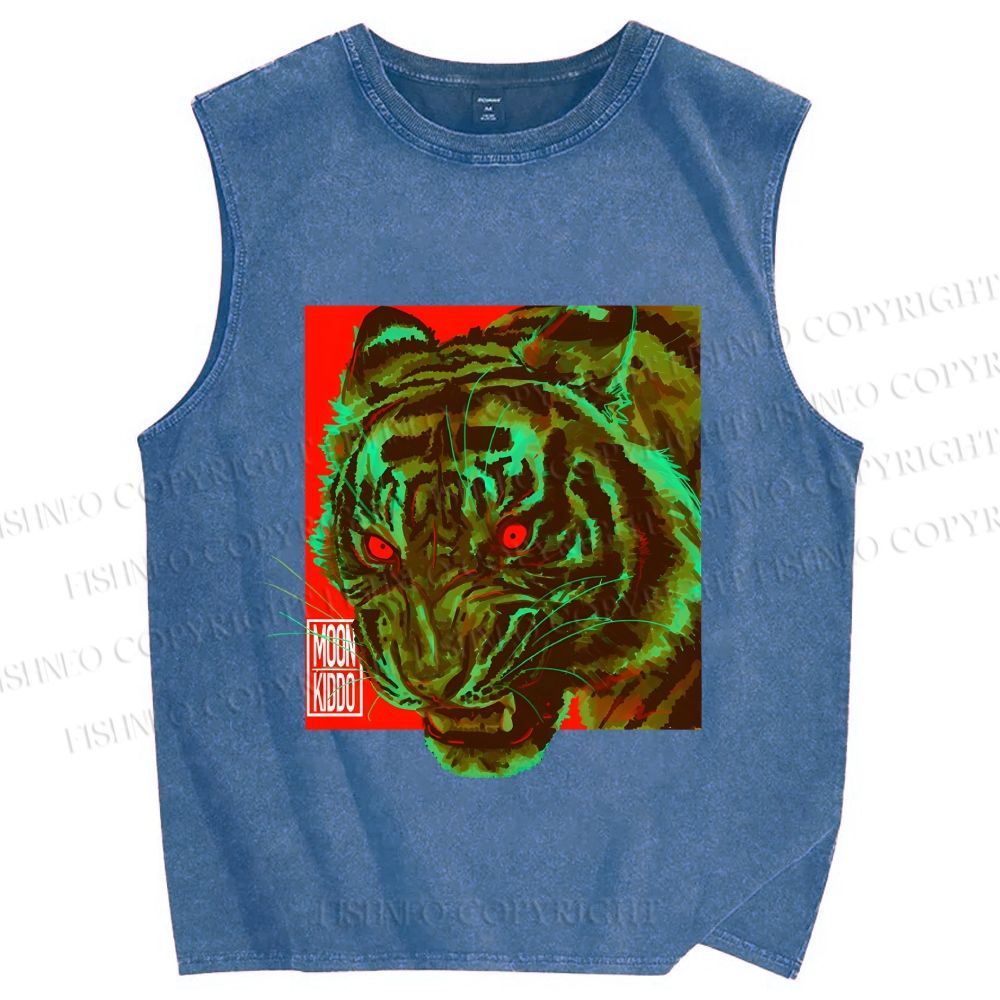 Unisex Green Tiger Printed Washed Tank Top