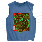 Unisex Green Tiger Printed Washed Tank Top