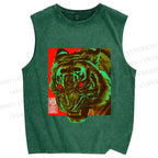 Unisex Green Tiger Printed Washed Tank Top