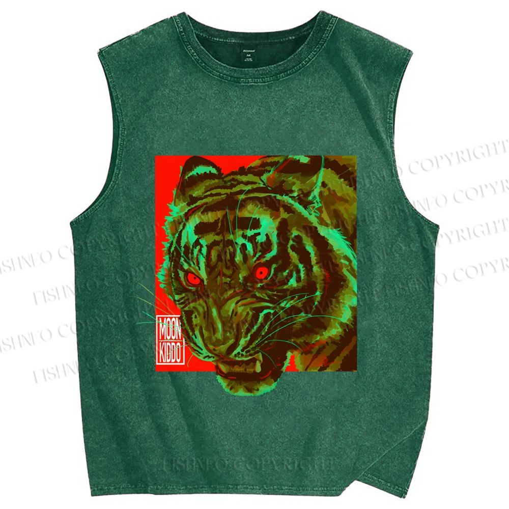 Unisex Green Tiger Printed Washed Tank Top