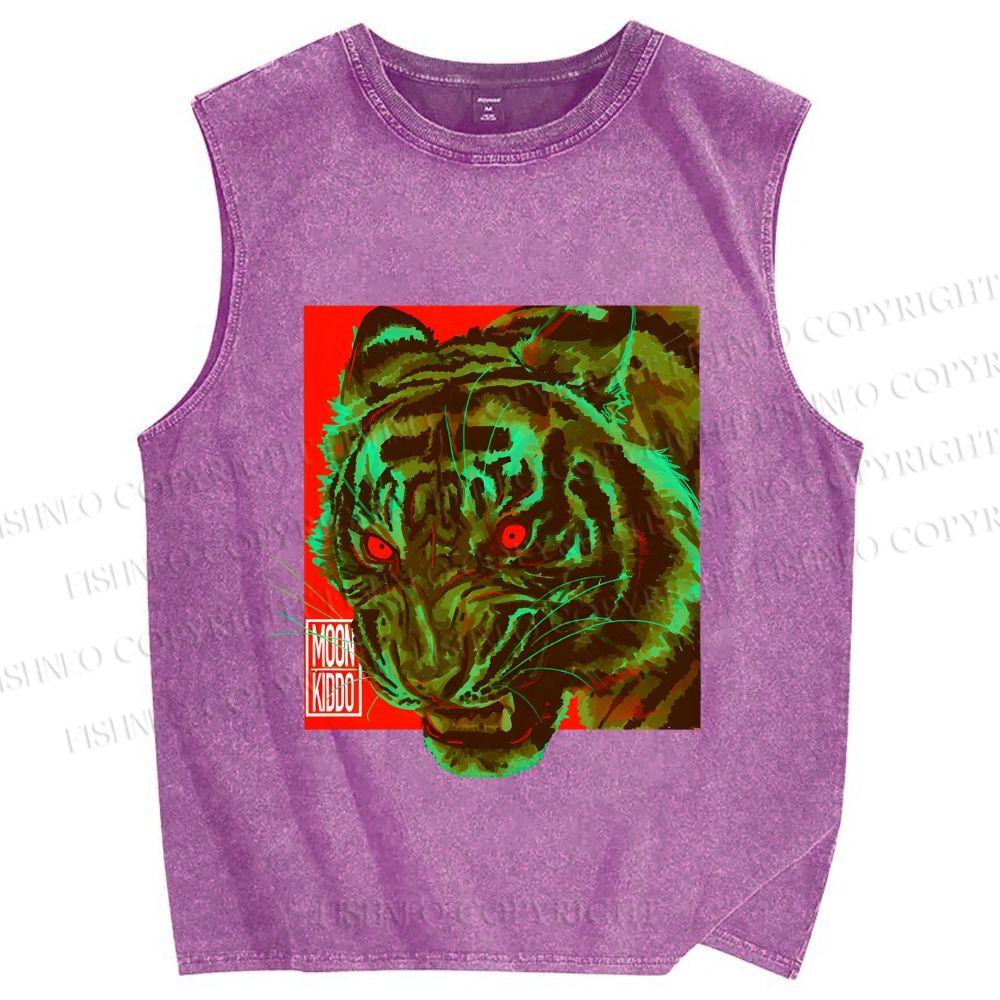Unisex Green Tiger Printed Washed Tank Top