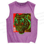 Unisex Green Tiger Printed Washed Tank Top