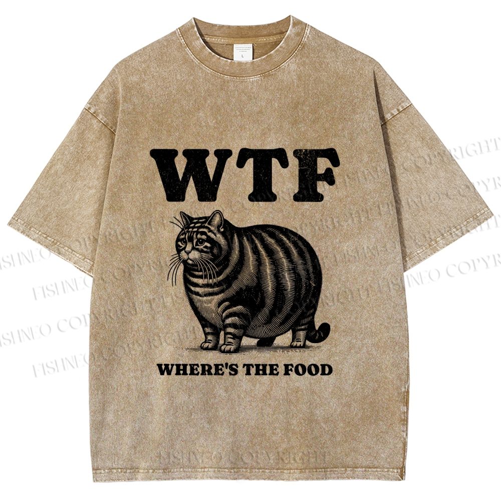 Unisex Where is the Food Cat Printed Washed Tee