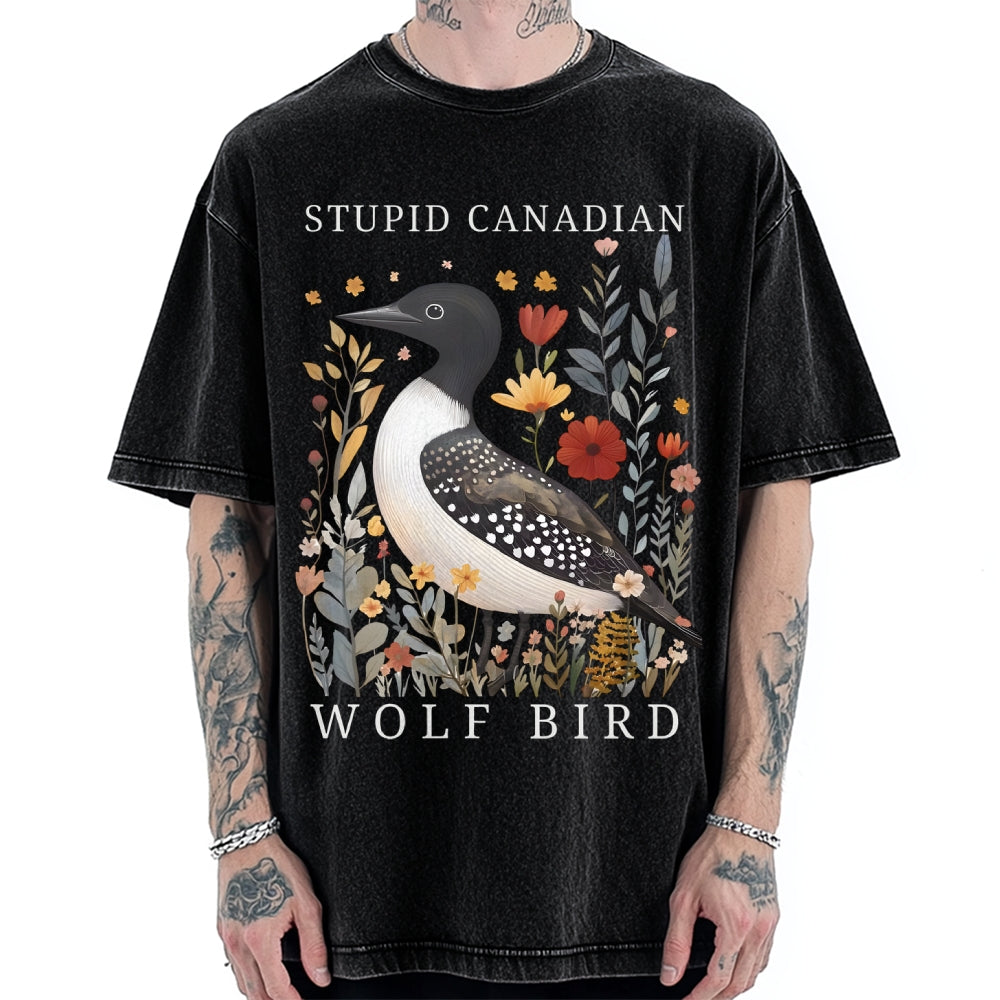 Unisex Stupid Canadian Wolf Bird Printed Washed Tee