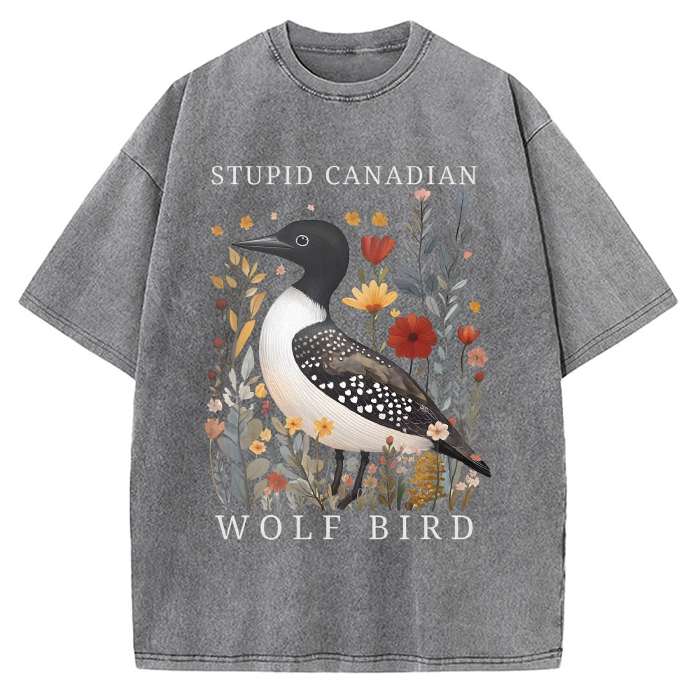 Unisex Stupid Canadian Wolf Bird Printed Washed Tee