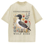 Unisex Stupid Canadian Wolf Bird Printed Washed Tee