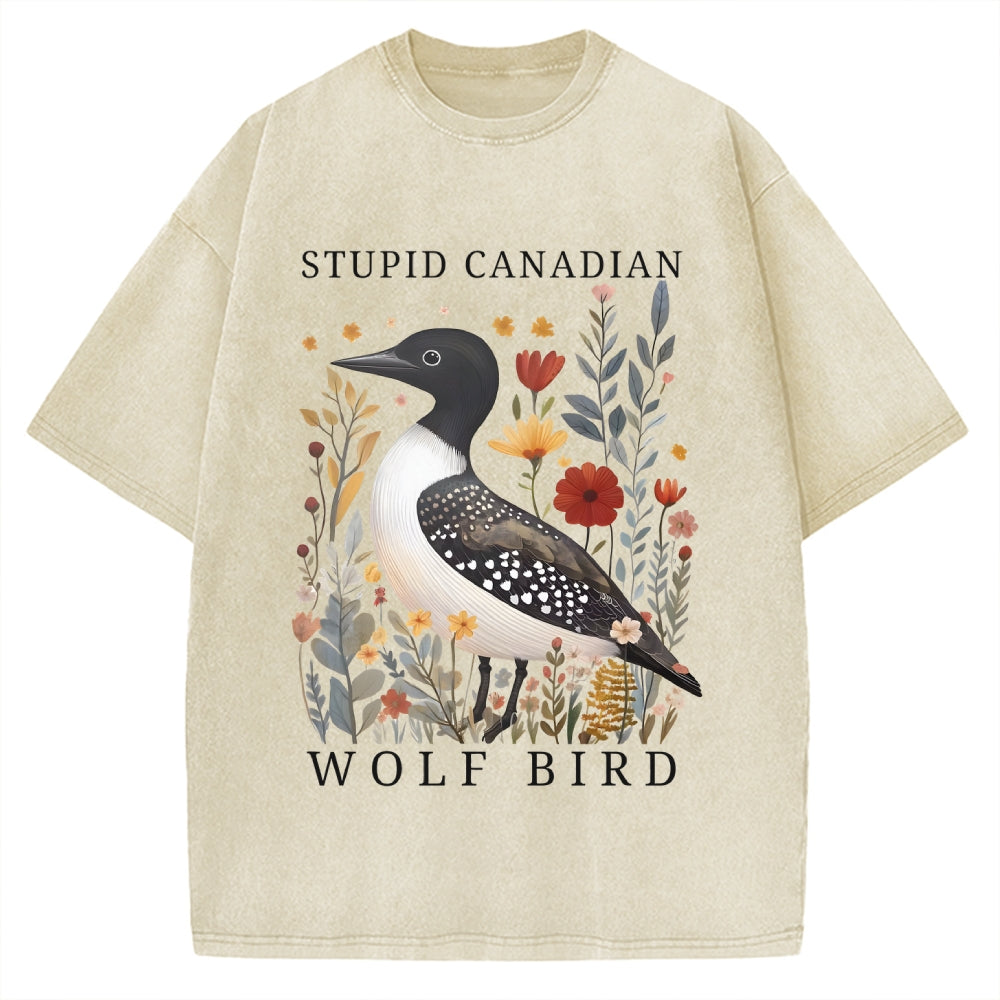 Unisex Stupid Canadian Wolf Bird Printed Washed Tee