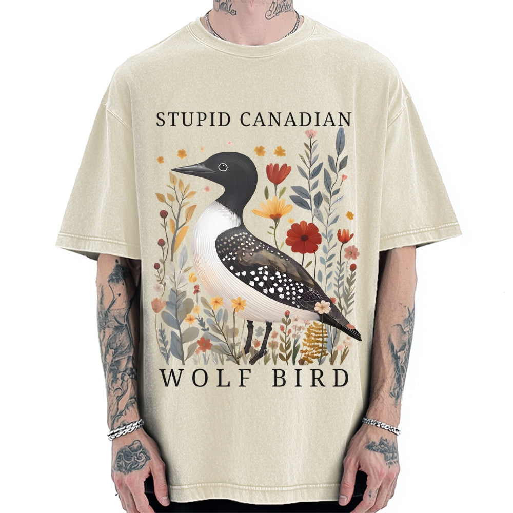 Unisex Stupid Canadian Wolf Bird Printed Washed Tee