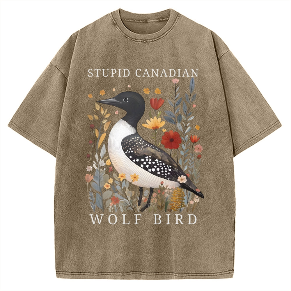 Unisex Stupid Canadian Wolf Bird Printed Washed Tee