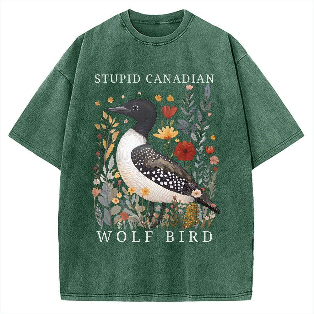 Unisex Stupid Canadian Wolf Bird Printed Washed Tee