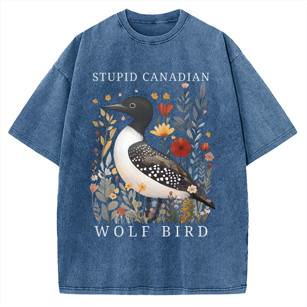 Unisex Stupid Canadian Wolf Bird Printed Washed Tee