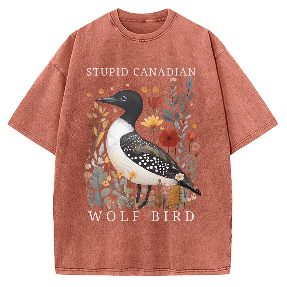 Unisex Stupid Canadian Wolf Bird Printed Washed Tee