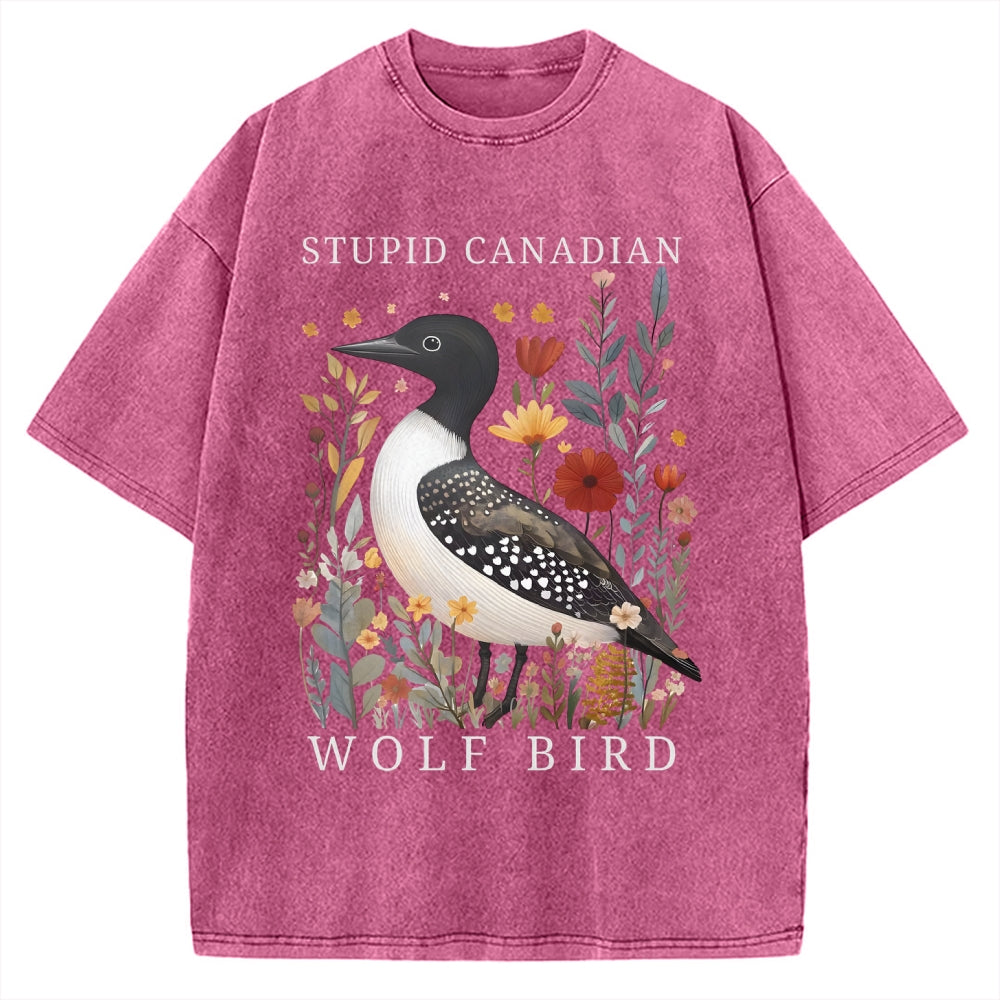 Unisex Stupid Canadian Wolf Bird Printed Washed Tee