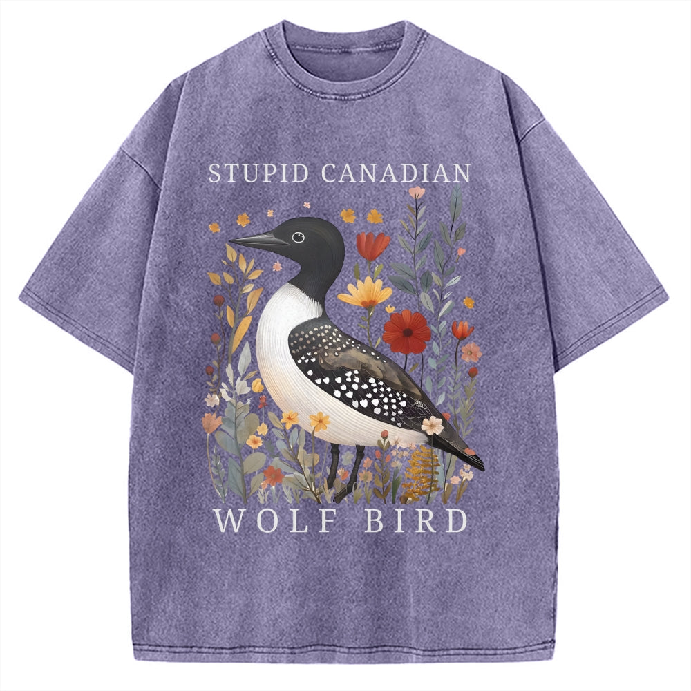 Unisex Stupid Canadian Wolf Bird Printed Washed Tee