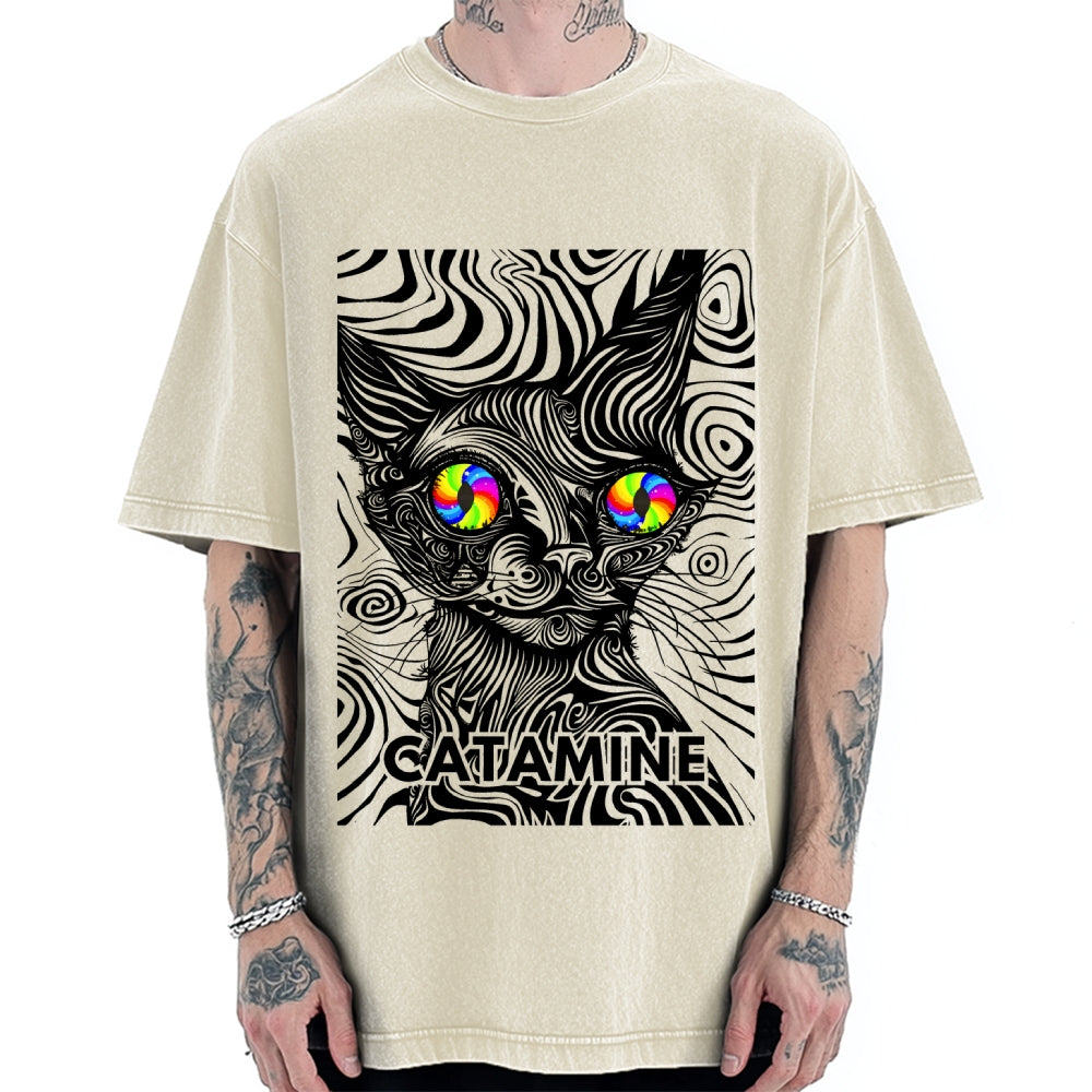 Unisex Catamine Ketamine Psychedelic Cat Pun Printed Washed Tee
