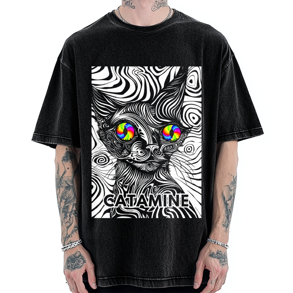 Unisex Catamine Ketamine Psychedelic Cat Pun Printed Washed Tee