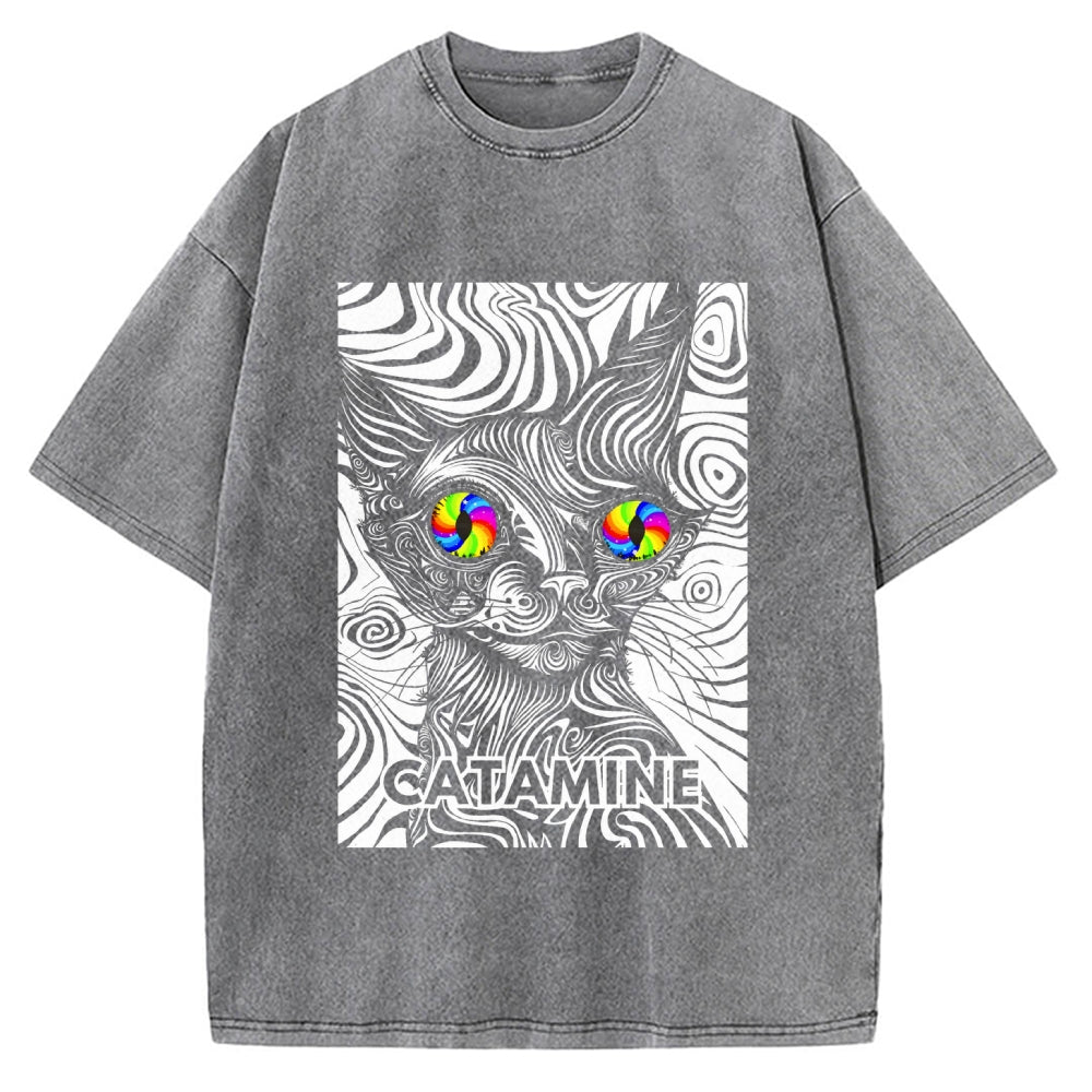 Unisex Catamine Ketamine Psychedelic Cat Pun Printed Washed Tee