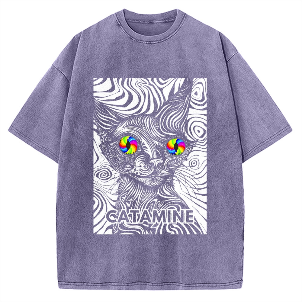Unisex Catamine Ketamine Psychedelic Cat Pun Printed Washed Tee
