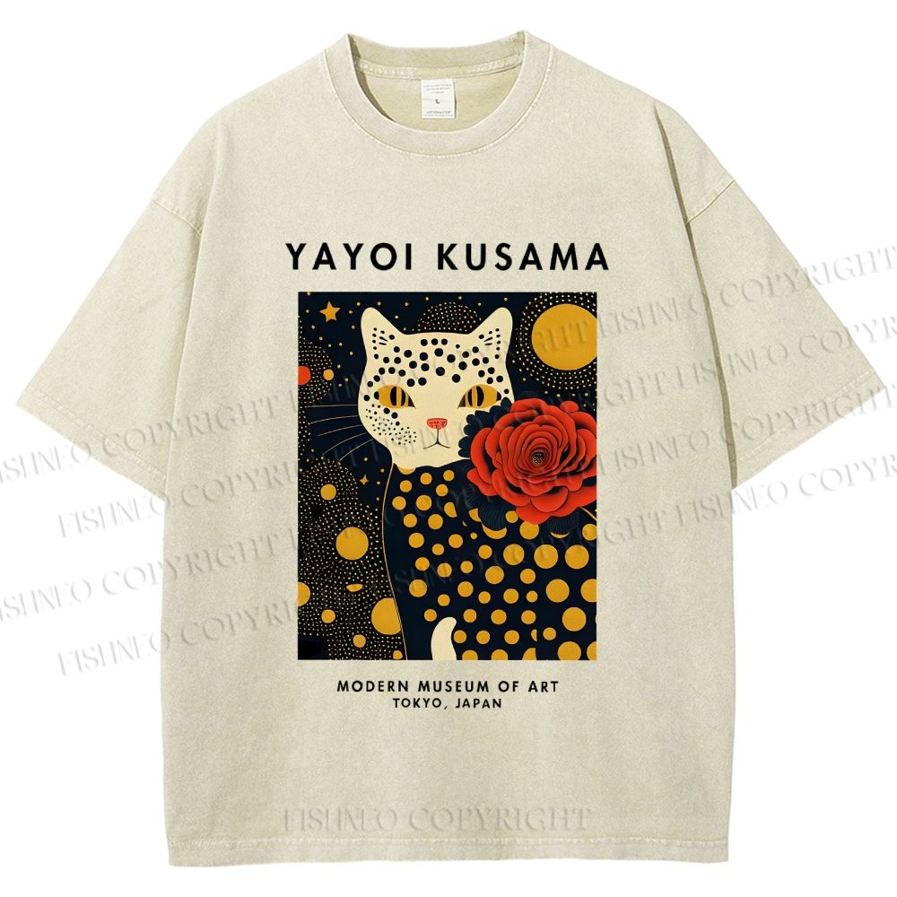 Unisex Yayoi Kusama Flower Cat Printed Washed Tee