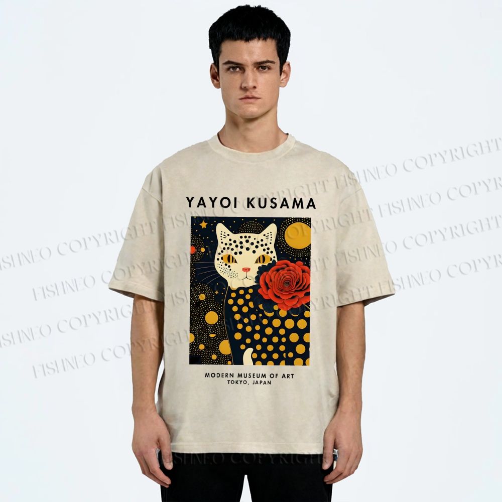 Unisex Yayoi Kusama Flower Cat Printed Washed Tee