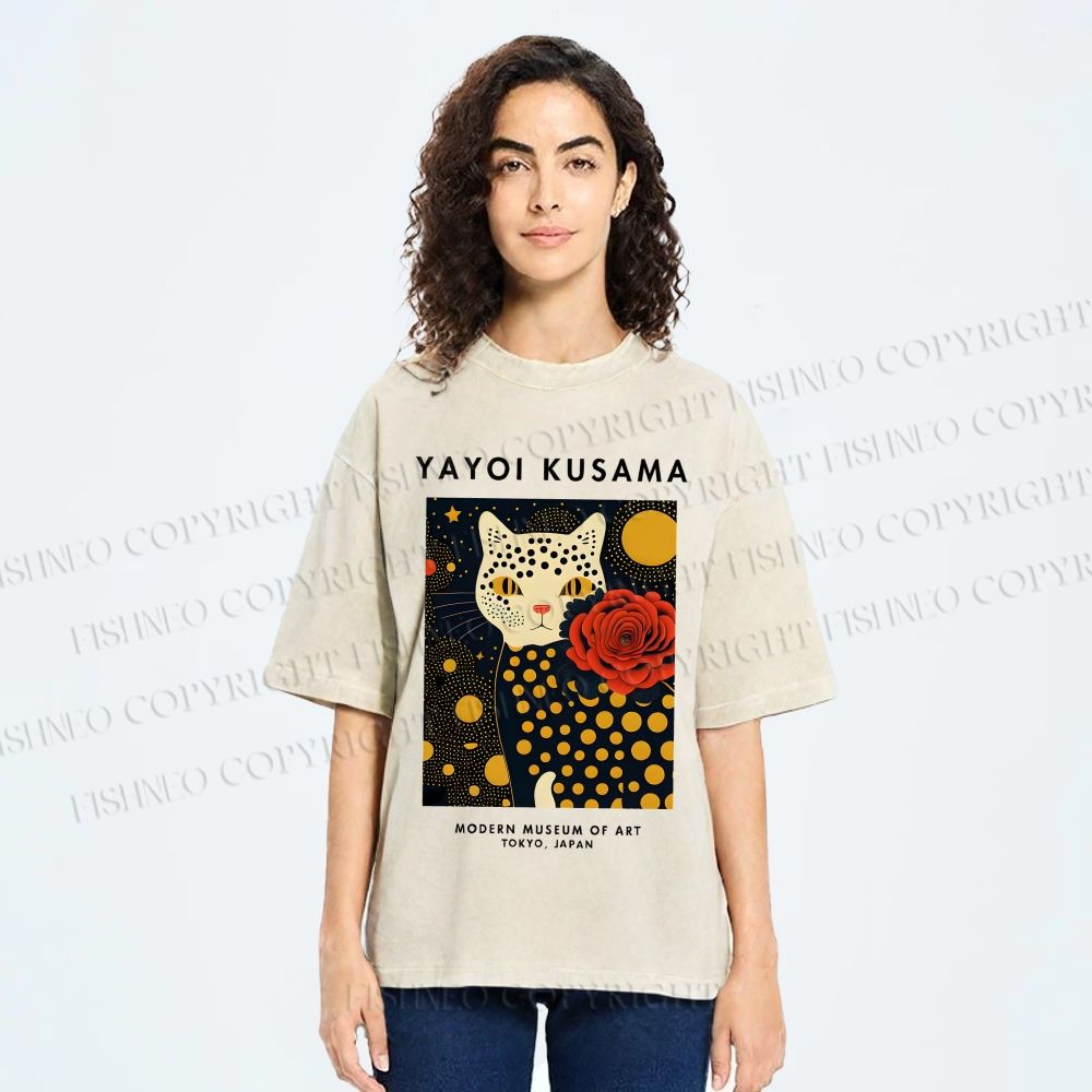 Unisex Yayoi Kusama Flower Cat Printed Washed Tee