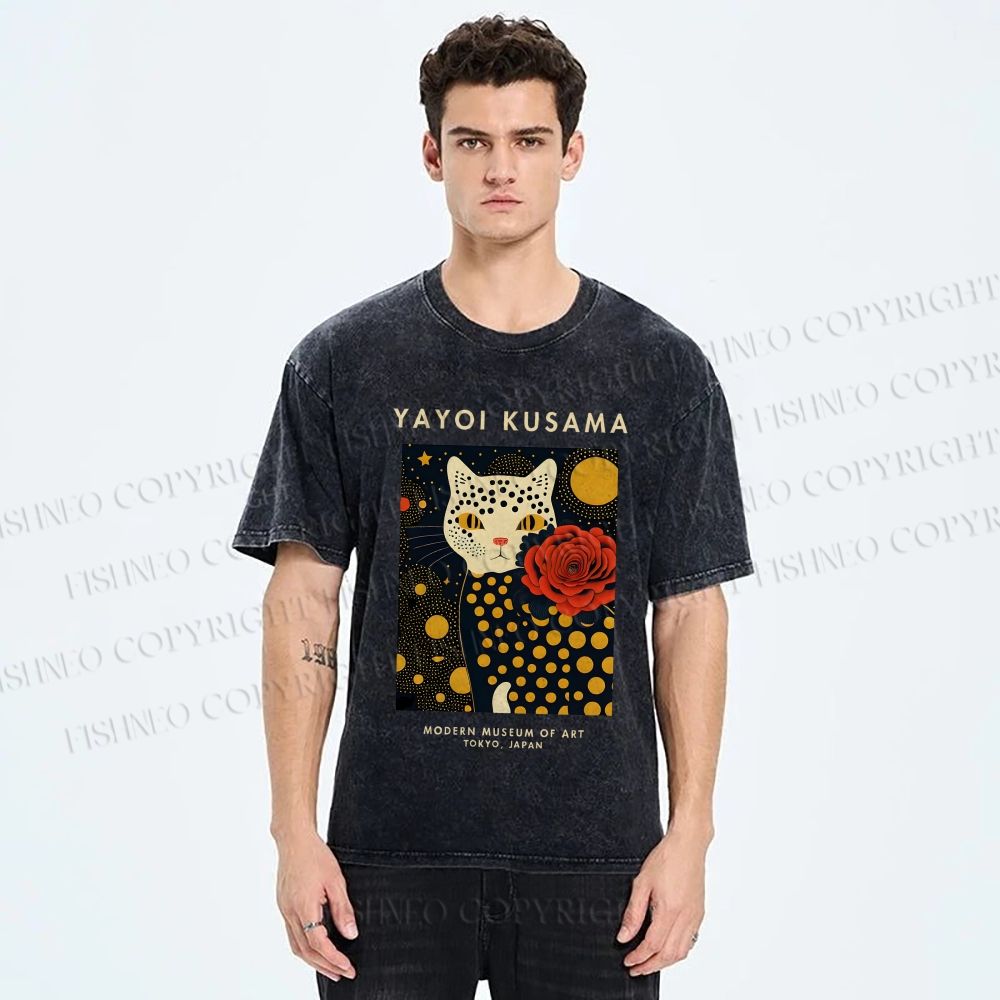Unisex Yayoi Kusama Flower Cat Printed Washed Tee