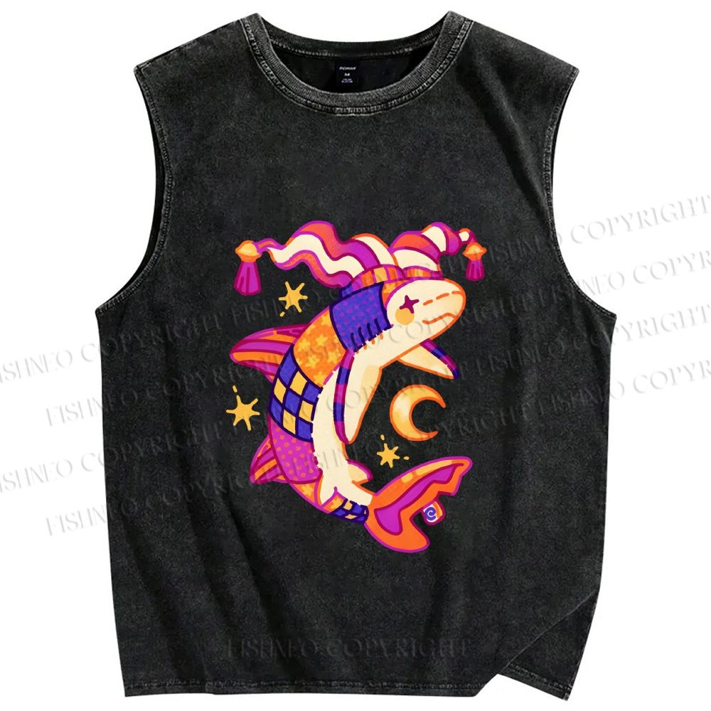 Unisex Circus Fish Printed Washed Tank Top