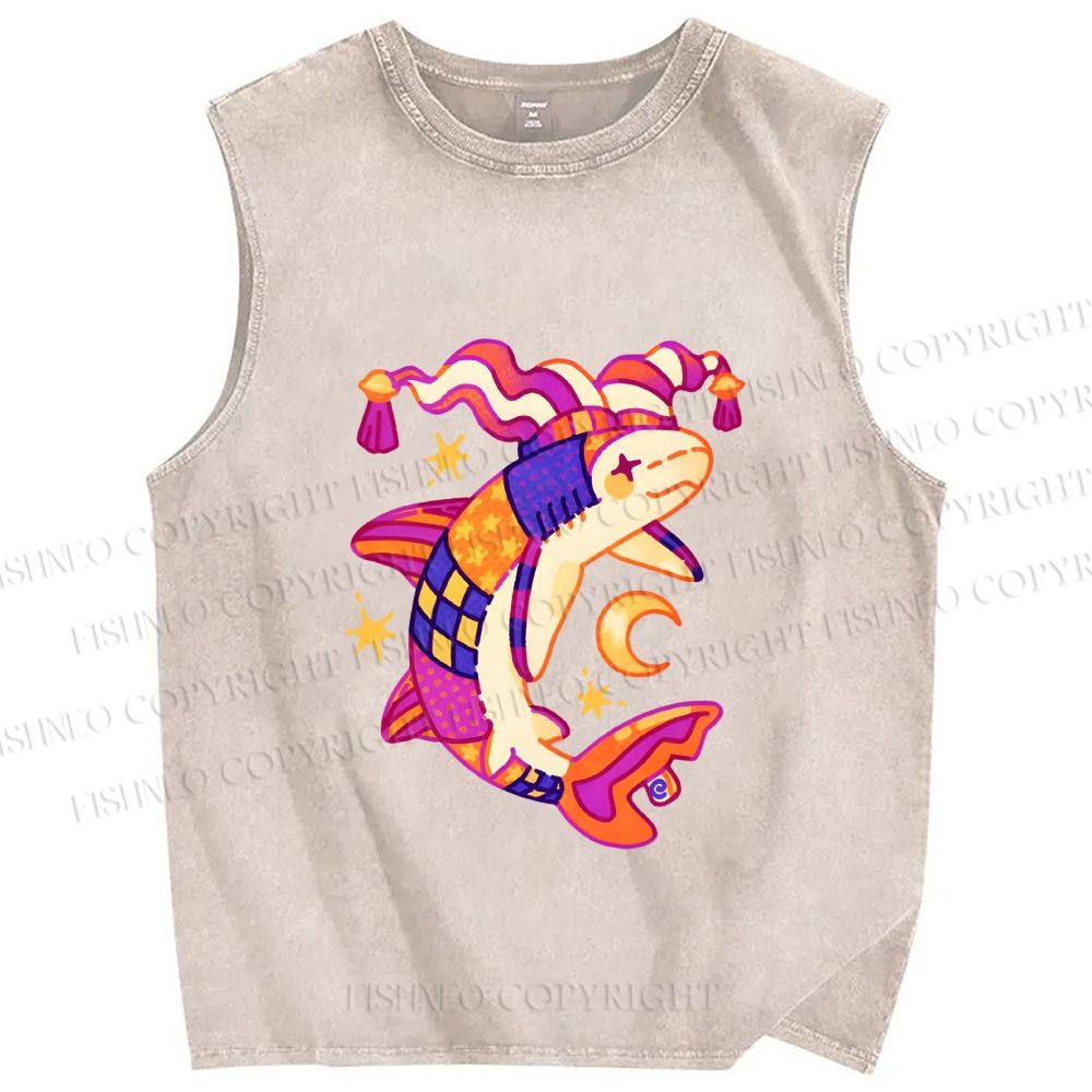 Unisex Circus Fish Printed Washed Tank Top